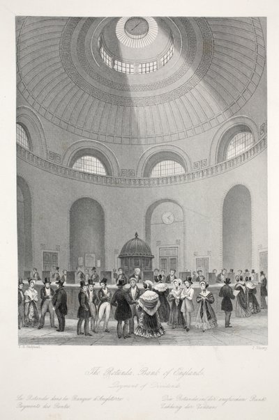 The Rotunda at the Bank of England ، من "London Interiors with the Costumes and Ceremonies" Pub. جوزيف ميد ، لندن ، 1843 (نقش الفولاذ) بواسطة توماس هوسمر شيبرد