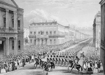 موكب جنازة ويلينجتون يمر بنادي سينيور يونايتد سيرفيس ، بال مول ، لندن ، 1852 بواسطة توماس هوسمر شيبرد