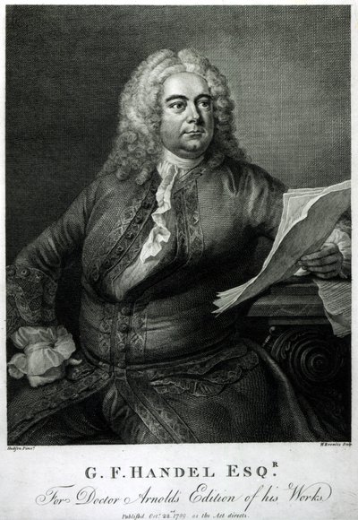 جورج فريدريك هاندل (1685-1759) ، منقوش بواسطة ويليام بروملي (1769-1842) ، لطبعة دكتور أرنولد من أعماله (هاندل) ، حانة. 1789 بواسطة توماس هدسون