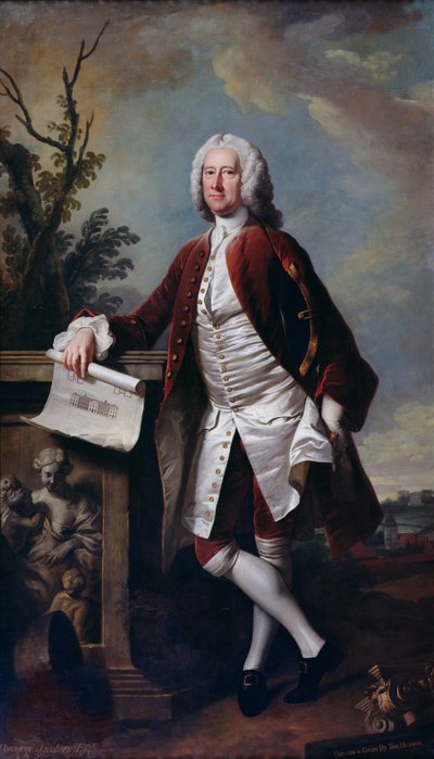 صورة لثيودور جاكوبسن ، مهندس مستشفى Foundling ، تظهر وهي تحمل رسمًا للجبهة الغربية ، c.1742 بواسطة توماس هدسون