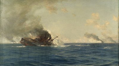 إغراق السفينة "شارنهورست" في معركة جزر فوكلاند، 8 ديسمبر 1914، حوالي عام 1915 (زيت على قماش) بواسطة توماس جيه