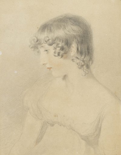 صورة تمثال نصفي لسوزان بلوكسام ، مقلوبة إلى اليسار ، 1818 (طباشير أسود ، تم لمسه بالطباشير الأحمر ، ومحاط بخفة على بطاقة بيضاء ، بني متغير اللون) بواسطة توماس لورانس
