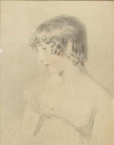 صورة تمثال نصفي لسوزان Bloxam ، تحولت إلى ملف تعريف إلى اليسار ، 1818 (طباشير أسود ، تم لمسه بالطباشير الأحمر ، محاط بخفة على بطاقة بيضاء بنية اللون مشوه) بواسطة توماس لورانس