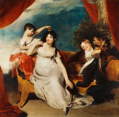 صورة جماعية للسيدة هنري بارينج واثنين من أطفالها وكلب كبير ، منظر طبيعي أبعد ، 1817-1824 بواسطة توماس لورانس