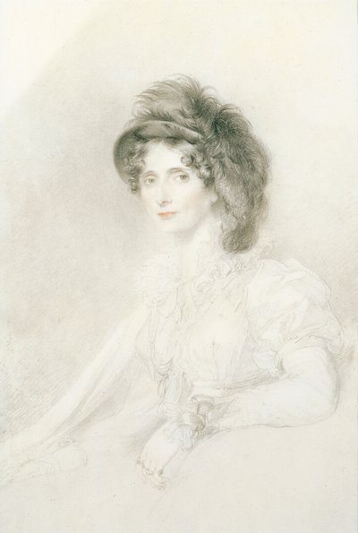 صورة إليزابيث ، دوقة ديفونشاير (1758-1824) ، جالسة ، نصف طول ، ترتدي قبعة كبيرة من الريش (قلم رصاص ، طباشير أسود وأحمر على ورق) بواسطة توماس لورانس