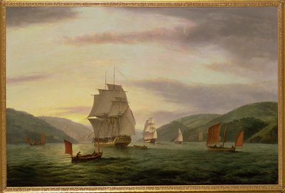 فرقاطة ، لوغر وسفينة تجارية في ميناء دارتموث ، 1808 بواسطة توماس لوني