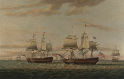 An Indiaman و a Two Decker Hove إلى ، يُقال إنه Thomas Dumar ، Esq. في H.M. سفينة بورتلاند تنقل قافلة جزيرة ليوارد عام 1776 بواسطة توماس لوني