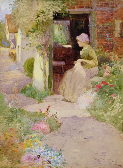 A Girl Sewing at the Door of a Cottage بواسطة توماس ماكاي