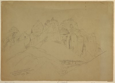 رسم، نهر ريو فيرجن مع تشكيلات صخرية كبيرة، 1873 بواسطة توماس موران