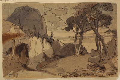 رسم، طريق في منظر طبيعي جبلي، 1875 بواسطة توماس موران