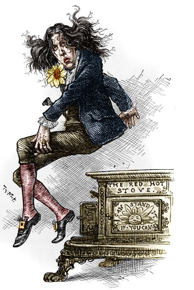 رسم كاريكاتوري لأوسكار وايلد (1854-1900) ، مرتديًا أنيقًا ، رسمه أثناء رحلته إلى الولايات المتحدة في عام 1882. رسمه توماس ناست (1840-1902) في "" أسبوعية هاربر "في 9 سبتمبر بواسطة توماس ناست