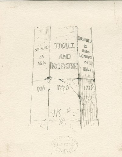 Tixall - عمود حجري يعرض المسافة المقطوعة: رسم بالقلم والحبر ، بدون تاريخ [منتصف القرن التاسع عشر] (رسم) بواسطة توماس بيبلو وود