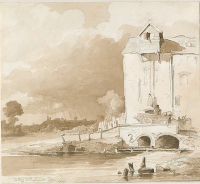 قلعة Tutbury: منظر بعيد من نهر Dove: رسم بالقلم الرصاص والغسيل ، 1836 بواسطة توماس بيبلو وود