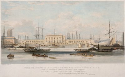 "محطة سكة حديد بلاكوول ورصيف برونزويك" ، بلاكوول ، بوبلار ، لندن ، c1840 بواسطة توماس بيكين