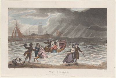 Wet Quakers، from Poetical Sketches of Scarborough، 1813.، 1813. Creators: Thomas Rowlandson، Joseph Constantine Stadler، J. Bluck. بواسطة توماس رولاندسون ، جوزيف قسطنطين ستادلر ، جي بلاك