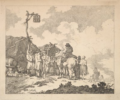 معرض - مجموعة من الغجر - رجال ونساء يرتدون ملابس ريفية أمام اثنين من الملابس المؤقتة ... ، 1786. بواسطة توماس رولاندسون