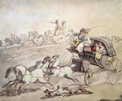 عربات وراكبون بأقصى سرعة عبر الأراضي العشبية المفتوحة ، حوالي 1800 (قلم وحبر مع غسيل على الورق) بواسطة توماس رولاندسون
