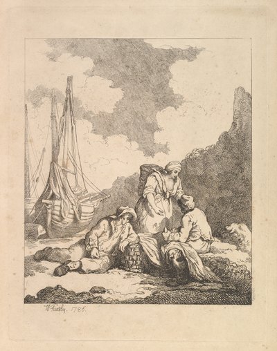 صيادون على الشاطئ - مشهد ساحلي مع رجل يجلس على الأرض يستريح كوعًا ... ، 1786. بواسطة توماس رولاندسون