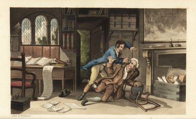جوني يعتدي على المحامي جريب - كل ذلك في مكتبه بعد تعرضه للغش بمبلغ 100 رطل. نقش على لوح نحاسي ملون يدويًا لتوماس رولاندسون من كتاب ويليام كومب تاريخ جوني كواي جنس ، اللقيط الصغير للطبيب الراحل Syntax. بواسطة توماس رولاندسون