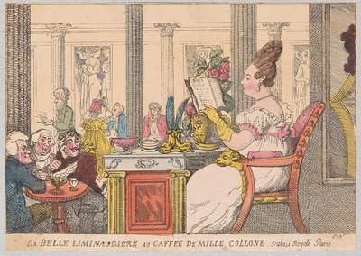 La Belle Liminaudiere at Caffee de Mille Collone، Palais Royal، Paris، pub. 1814 (نقش يدوي) بواسطة توماس رولاندسون