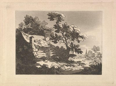 منظر طبيعي مع كوخ بين الأشجار على اليسار ، وكنيسة برج بعيدة عند اليمين ، 1783-84. بواسطة توماس رولاندسون
