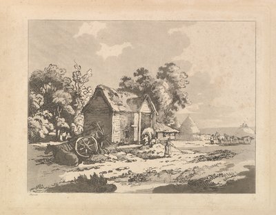 منظر طبيعي بأشكال تخزن التبن في حظيرة وعربة وحصان مستلقي على اليسار ، 1783-84. بواسطة توماس رولاندسون