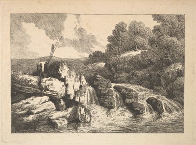 منظر طبيعي مع صيادين يتسلقان الصخور بجوار شلال ، 1784-88. بواسطة توماس رولاندسون