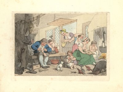 Regency cobbler mending shoes in a crowded room. بواسطة توماس رولاندسون