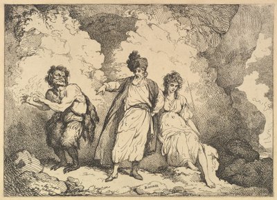 مشهد من العاصفة: كاليبان ، بروسبيرو وميراندا ، [1783-87] أعيد إصدارها عام 1801. بواسطة توماس رولاندسون