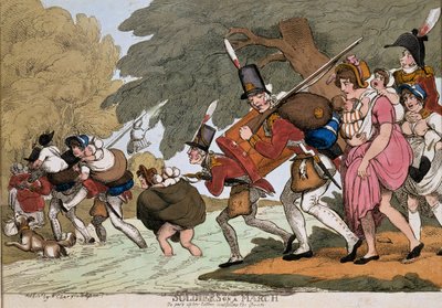 جنود في مسيرة ، نقش بواسطة GMWoodward ، تم نشره عام 1811 (النقش الملون) بواسطة توماس رولاندسون