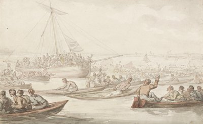 سباق التجديف السنوي لمعطف وشارة Doggett ، حوالي 1805-10 (قلم رصاص وقلم وحبر وألوان مائية على ورق) بواسطة توماس رولاندسون