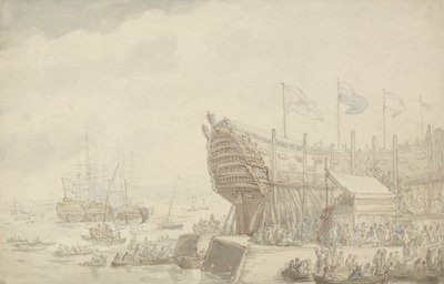 إطلاق HMS &39;Hibernia&39; في ديفونبورت ، حوالي عام 1804 (قلم وحبر وألوان مائية على ورق) بواسطة توماس رولاندسون