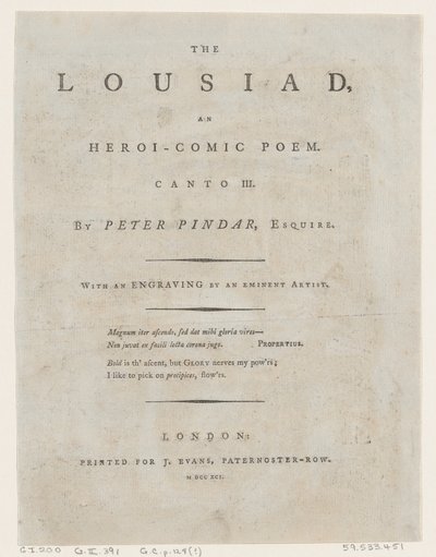 اللوزياد بقلم بيتر بيندار ، فرونتيسبيس ، 1787. ، 1787. بواسطة توماس رولاندسون
