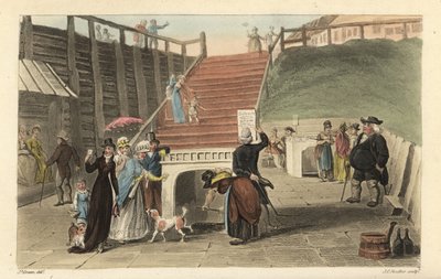 The Spa Wells: السياح يشربون مياه السبا من الآبار في Scarborough Spaw. نقش على لوح نحاسي ملون يدويًا بواسطة توماس رولاندسون ، رسم مائي بواسطة JC Stadler ، بعد رسم تخطيطي لـ J. Green من رسومات Poetical Sketches في سكاربورو ، أكرمان ، لندن بواسطة توماس رولاندسون