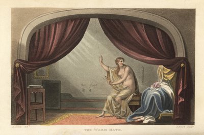 الحمام الدافئ: امرأة عارية تستحم خلف الستائر في غرفة ريجنسي. يُقال أنها صورة لماري روبنسون ، عشيقة الملك جورج الرابع. نقش على لوح نحاسي ملون يدويًا لتوماس رولاندسون ، مائي بواسطة J. Bluck ، بعد رسم بواسطة J. Green من P بواسطة توماس رولاندسون