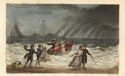 The Water Party: السائحون يتركون رحلة بحرية بسبب سوء الأحوال الجوية. نقش على لوح نحاسي ملون يدويًا بواسطة توماس رولاندسون ، مائي بواسطة جيه سي ستادلر ، بعد رسم تخطيطي من قبل جي جرين من الرسومات الشعرية في سكاربورو ، أكرمان ، لندن بواسطة توماس رولاندسون
