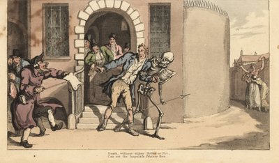 يحرر الهيكل العظمي للموت سجينًا من سجن المدين أمام عائلته المذهولة. لوح نحاسي ملون يدويًا رسمه ونقشه توماس رولاندسون من The English Dance of Death ، أكرمان ، لندن بواسطة توماس رولاندسون