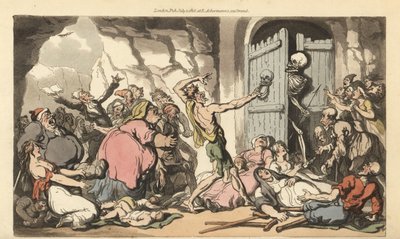 يطل الهيكل العظمي للموت من وراء باب الموت ، ليرى حشدًا من الأشخاص الذين يعانون من السمنة المفرطة والعرجاء والمقعدين والمسنين والمجنونين الذين ينتظرون التحرر من عذاب الحياة. لوح نحاسي ملون يدويًا رسمه ونقشه توماس رولاندسون من The English Dance of بواسطة توماس رولاندسون