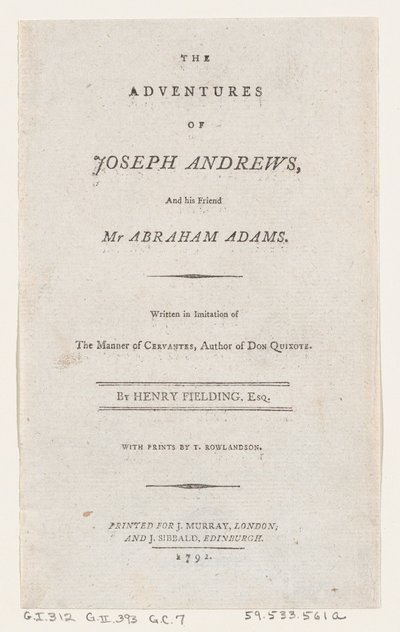 صفحة العنوان: مغامرات جوزيف أندروز وصديقه السيد أبراهام آدامز ، 1792. ، 1792. بواسطة توماس رولاندسون