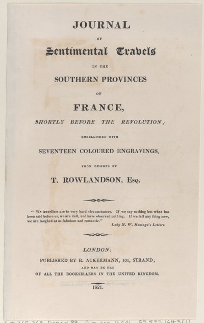 صفحة العنوان ، من مجلة الرحلات العاطفية في المقاطعات الجنوبية لفرنسا ، شور ... ، 1821. بواسطة توماس رولاندسون