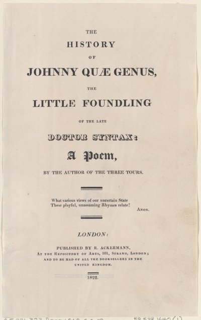 صفحة العنوان ، من تاريخ Johnny Quae Genus ، The Little Foundling of the Late Docto ... ، 1822. بواسطة توماس رولاندسون