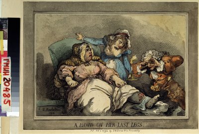 صاحبة بيت دعارة في ساقها الأخيرة (ساق على ساقيها الأخيرتين) رسم لتوماس رولاندسون (1756-1827). نقش ملون ، 27.4 × 37 سم بواسطة توماس رولاندسون