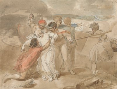 امرأة تُنقذ من البحر وساعدت الشاطئ وقارب تجديف وعمال الإنقاذ في الخلفية بواسطة Thomas Stothard