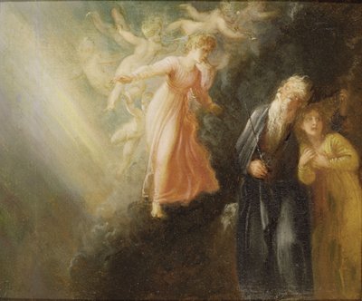 بروسبيرو وميراندا وآرييل ، من فيلم The Tempest ، حوالي عام 1799 (زيت على ورق مُثبَّت على قماش كتاني) بواسطة توماس ستوثارد