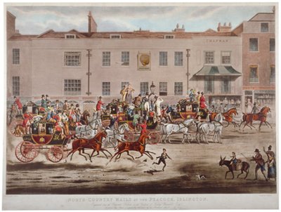 حافلات البريد أمام Peacock Inn في Islington High Street ، لندن ، 1823. بواسطة توماس ساذرلاند