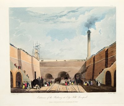 مدخل خط السكة الحديد في إيدج هيل ، ليفربول ، 1831 (نقش ملون باليد) بواسطة توماس تالبوت بيري
