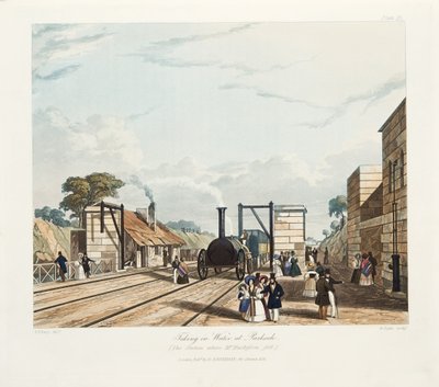 أخذ الماء ، في باركسايد (المحطة التي سقط فيها السيد هوسكيسون) ، تم نشره عام 1831 (النقش اليدوي) بواسطة توماس تالبوت بيري
