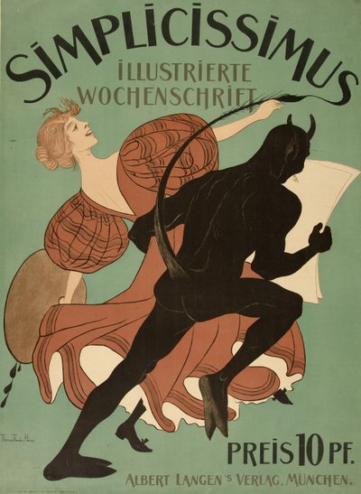 الغلاف الأمامي من "Simplicissimus Illustrated Weekly"، pub. 1896 (لون ليثو) بواسطة توماس ثيودور هاينه