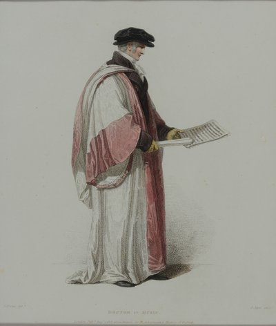 دكتوراه في الموسيقى ، نقشها ج. أغار ، نُشرت في رواية "تاريخ أكسفورد" لـ R. Ackermann ، 1813 (نقش يدوي) بواسطة توماس أوينز