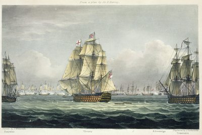 سفينة HMS Victory للإبحار للخط الفرنسي يحيط بها Euryalus و HMS Temeraire في معركة Trafalgar ، 21 أكتوبر 1805 ، منقوش بواسطة T. Sutherland لـ &39;The Naval Chronology of Great Britain&39; بواسطة Thomas Whitcombe